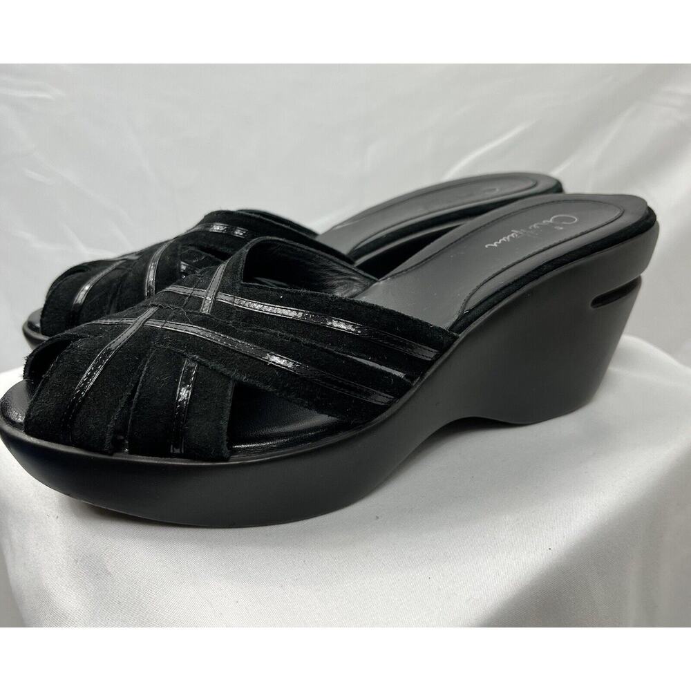 COLE HAAN Rich Black Suede Patent Leather SLIDE SANDALS SHOES 7 B Wedge Heels